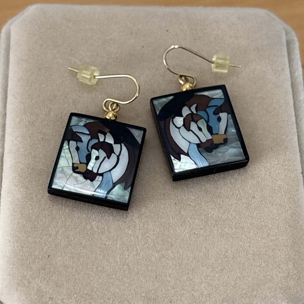 Lee Sands Shell Inlay Horse and Foal Dangle Earrings Gold Plated French Hooks